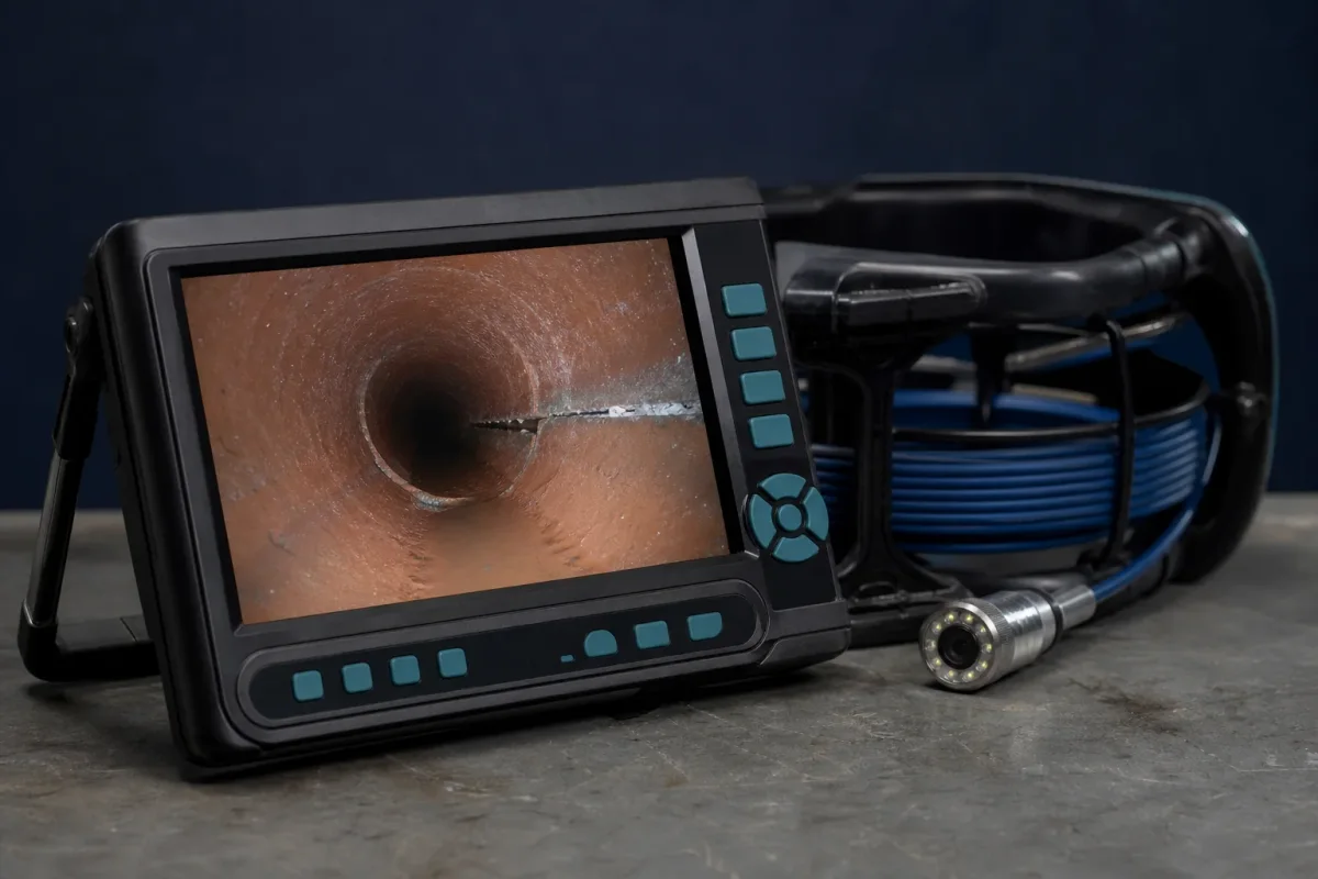 Inspection monitor showing a clay sewer pipe joint